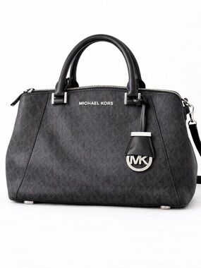 Michael Kors Black Satchel Textured Logo Exterior MK Charm Zip Top Handbag